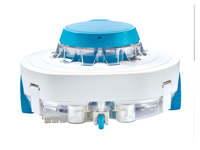 Automatický čistič bazénov s kolieskami a priehľadným filtrom.