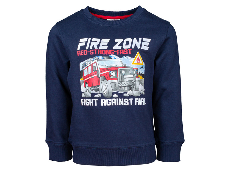 Tmavomodrý sveter s potlačou hasičského auta a textom 'Fire Zone'