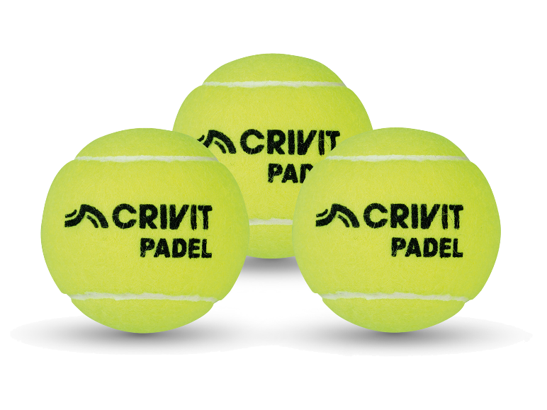 Tri žlté padelové loptičky s textom „CRIVIT PADEL“ na bielom pozadí.