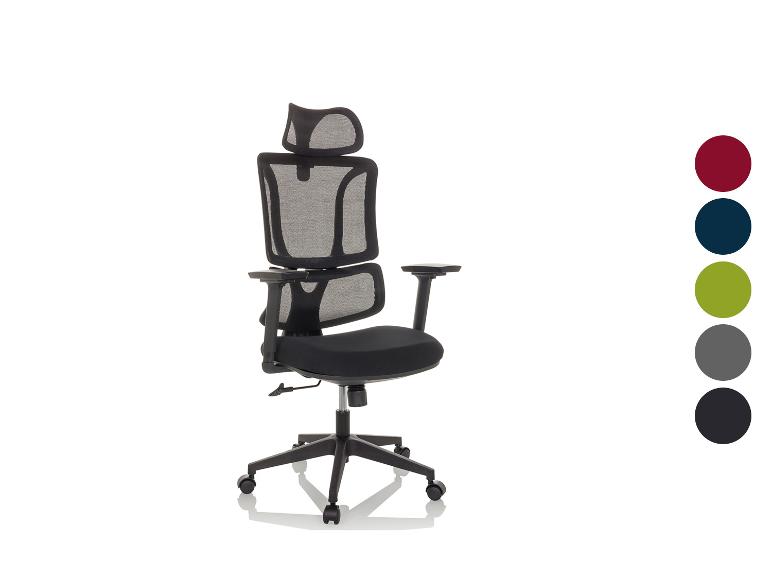 Čierna ergonomická kancelárska stolička so sieťovaným operadlom a opierkou hlavy, so vzorkami farieb