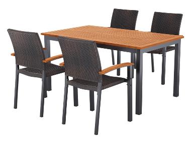 LIVARNO® Hliníkový záhradný stôl Valencia, 150 x 90 x 74 cm + Stohovateľná stolička Valencia, hnedá, 4 kusy