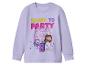 Fialová detská mikina s nápisom „READY TO PARTY“ a postavičkami z Gabby's Dollhouse.
