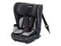 Čierna detská autosedačka so sivými vložkami a bezpečnostnými pásmi.