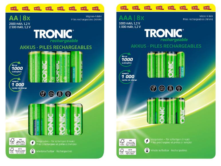 TRONIC dobíjacie AA a AAA batérie, balenie 8 kusov, s 1000 nabíjacími cyklami.
