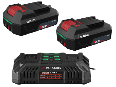 PARKSIDE® Akumulátor 20 V/2 Ah, 2 kusy + Dvojitá nabíjačka 20 V/4,5 A