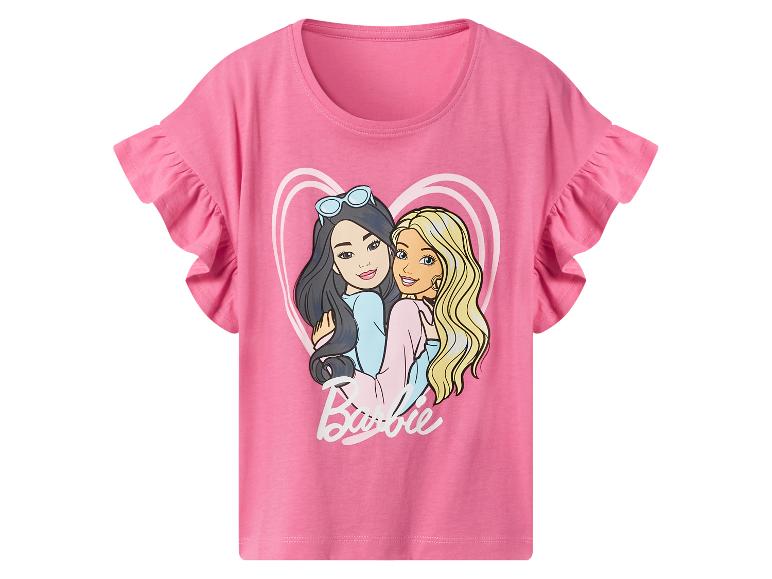 Ružové volánové tričko s potlačou Barbie s dvoma dievčatami a textom „Barbie“.