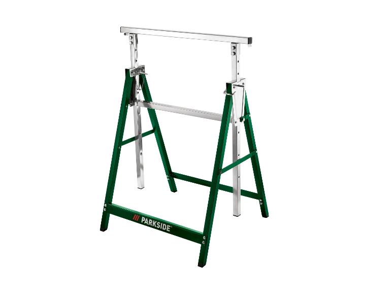 Zelená a strieborná koza na rezanie s nastaviteľnou výškou, s horizontálnou hornou tyčou.