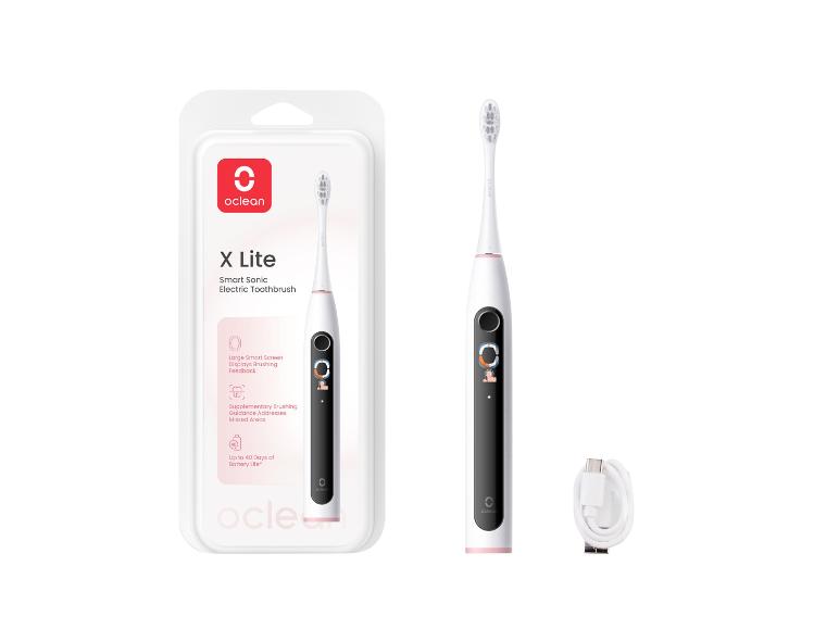Biela elektrická zubná kefka Oclean X Lite s nabíjacím káblom.