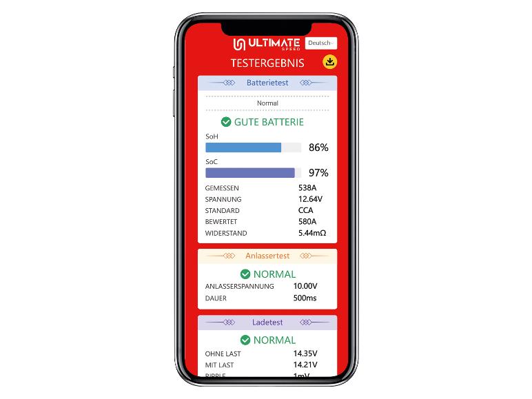 Zobrazenie výsledkov testu batérie a nabíjania na smartfóne.