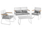 Biely lounge set s dvoma kreslami, rozkladacou pohovkou a stolíkom.