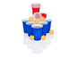 Modré a červené plastové poháre s pingpongovými loptičkami na hru beer pong.