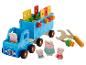 Modré drevené nákladné auto s figúrkami Peppa Pig, nástrojmi a kockami.
