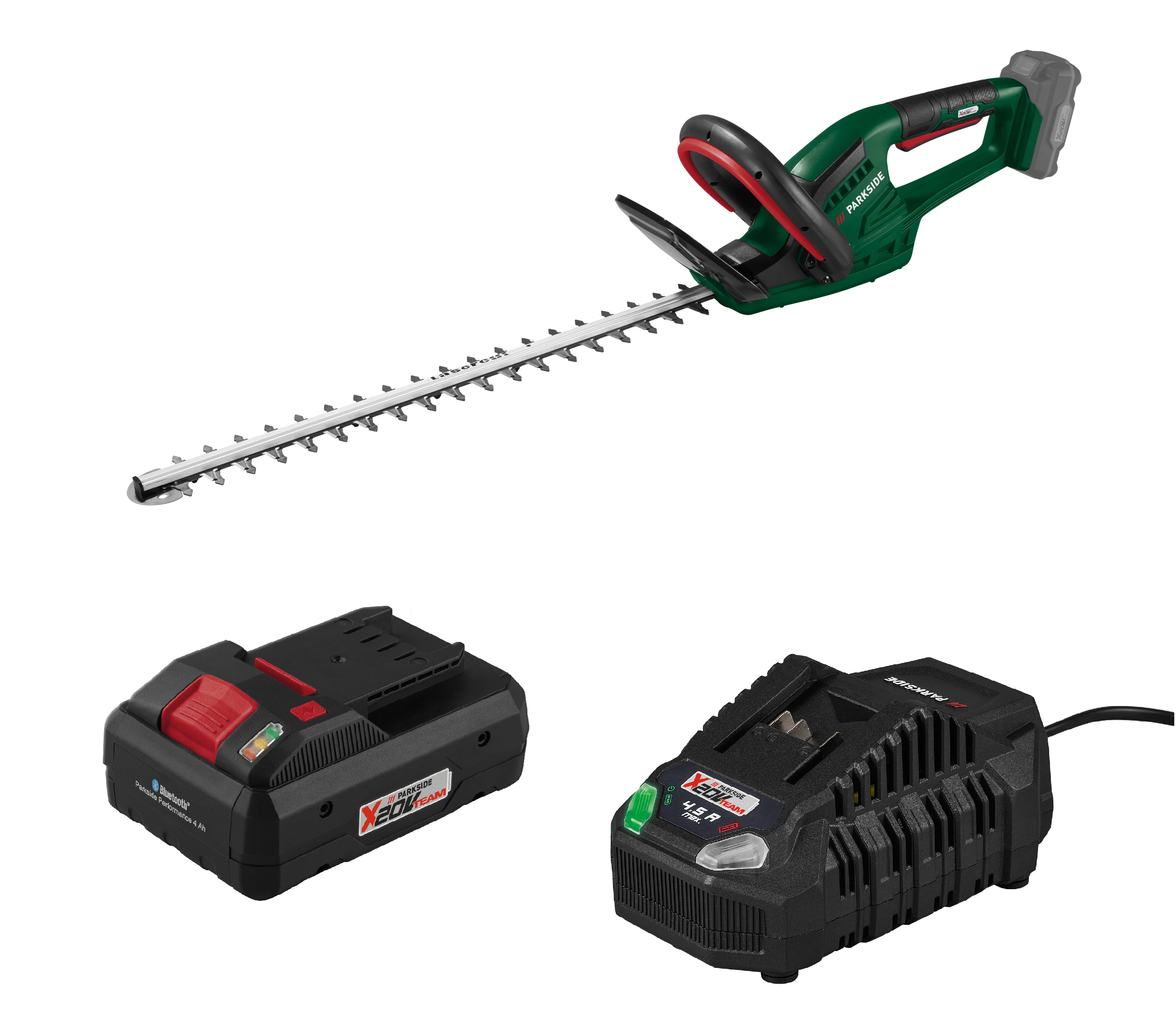 PARKSIDE® Aku nožnice na živý plot PHSA 20-Li D4 + Smart akumulátor 20 V/4 Ah + Rýchlonabíjačka akumulátora 20 V/4,5 A