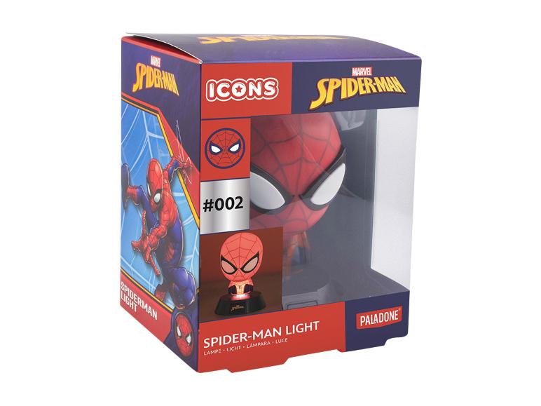 Lampa Spider-Man v krabici s grafikou postavy a číslom #002.