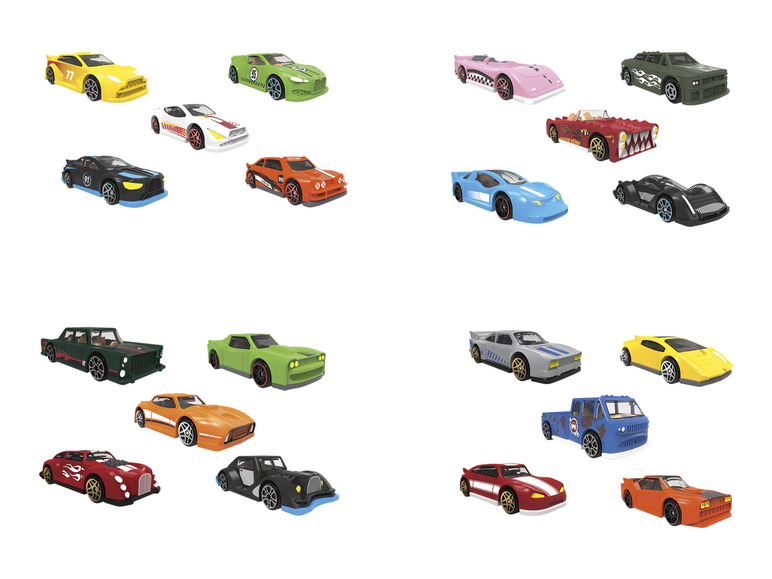 Zbierka hračkárskych áut, vrátane závodných áut, pickup truckov a monster trucku.