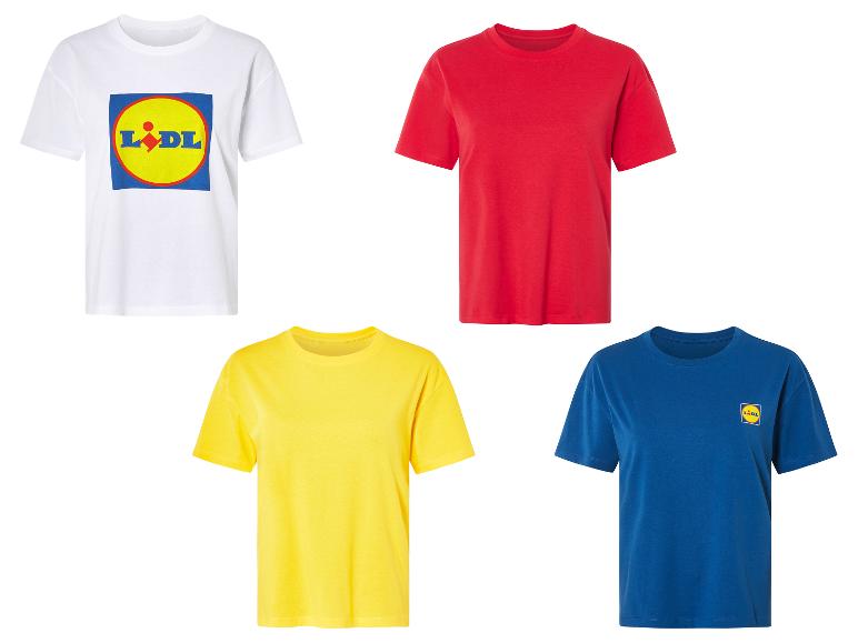 Tričká Lidl: biela s logom, červená, žltá a modrá.