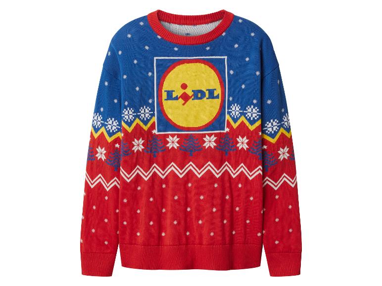 Vianočný sveter Lidl v modrej a červenej farbe so snehovými vločkami a logom.