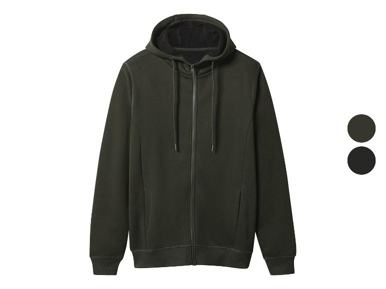 Tmavozelená mikina s kapucňou na zips a dve farebné vzorky.