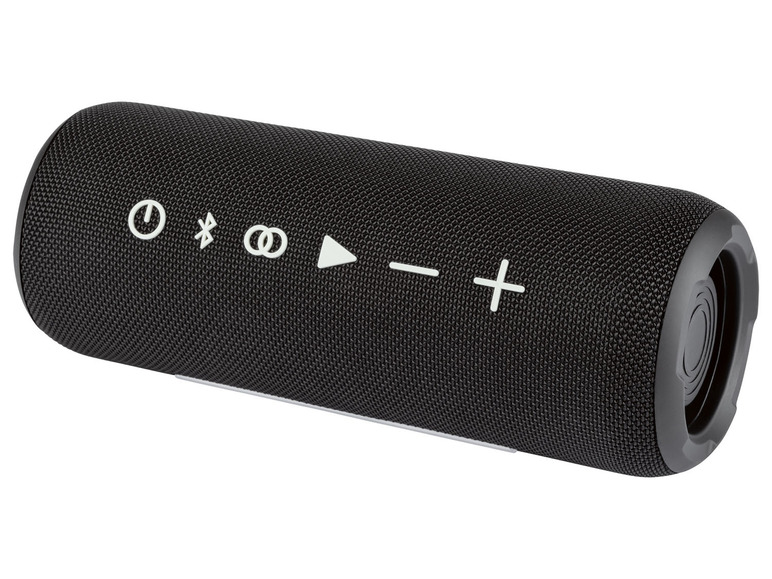 Čierny prenosný Bluetooth reproduktor s tlačidlami na ovládanie hlasitosti, prehrávania a pauzy.
