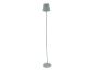 Moderná stojacia lampa svetlozelenej farby s kužeľovitým tienidlom.