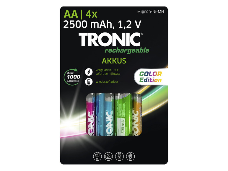 TRONIC Nabíjateľné batérie Ni-MH Ready 2 Use, 4 kusy Color (fialová, bledomodrá, zelená, oranžová, AA)