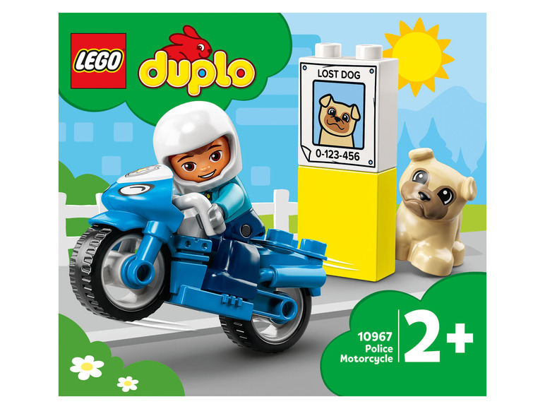 LEGO Duplo policajná motorka s figúrkou a psíkom.