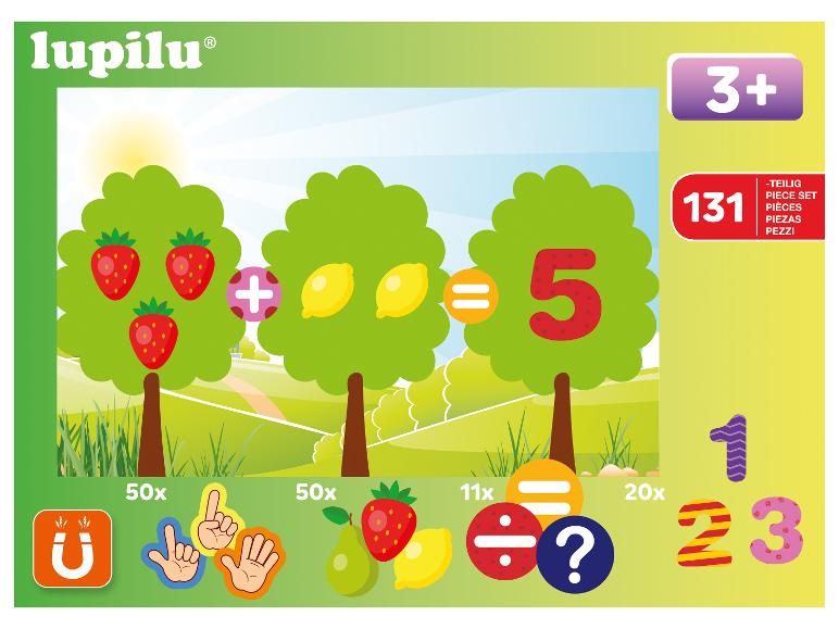 Matematická vzdelávacia súprava so 131 dielikmi, vrátane ovocia, čísel a symbolov.
