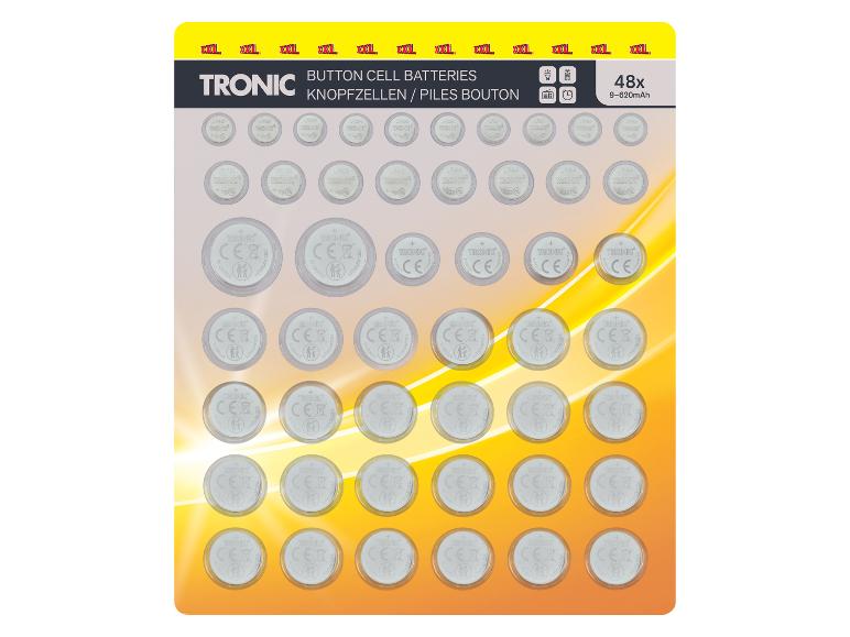 Sortiment 48 gombíkových batérií, 9-620mAh, pre rôzne elektronické zariadenia.