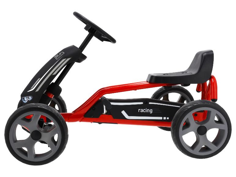 Červeno-čierna detská šliapacia motokára s nápisom „racing“.