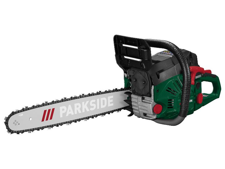 Motorová píla Parkside s lištou a reťazou.