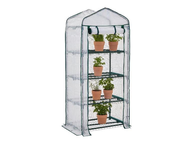 Vertikálny záhradný skleník so 4 policami a rastlinami v terakotových kvetináčoch.