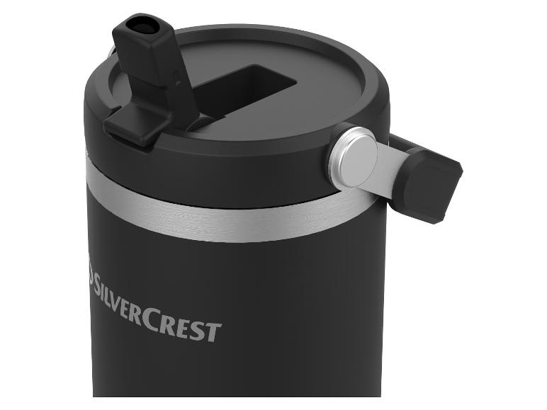 Čierna termoska Silvercrest s viečkom a slamkou.