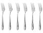 Šesť strieborných dezertných vidličiek usporiadaných vertikálne na bielom pozadí.