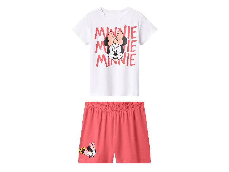 Dievčenské pyžamo s bielym tričkom s krátkym rukávom a koralovými šortkami s potlačou Minnie Mouse.
