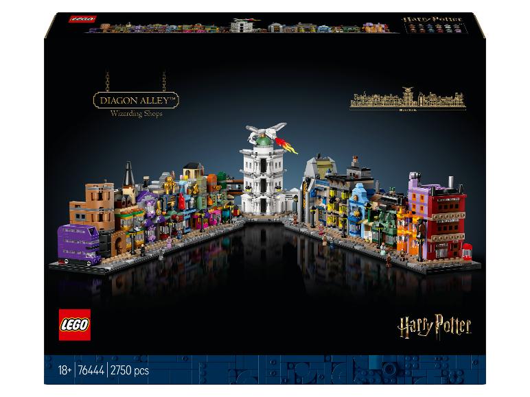 Súprava LEGO Harry Potter Diagon Alley s 2750 dielikmi, zobrazujúca obchody a draka.