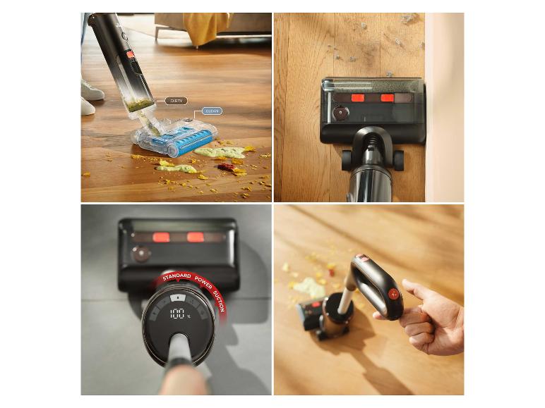 Mokro-suchý vysávač Vileda v akcii, ukazujúci čistenie rozliatych tekutín a prachu.