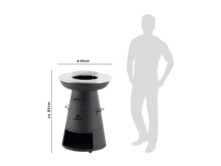 Okrúhly gril na drevené uhlie s roštom a podstavcom, výška 83 cm a priemer 60 cm.