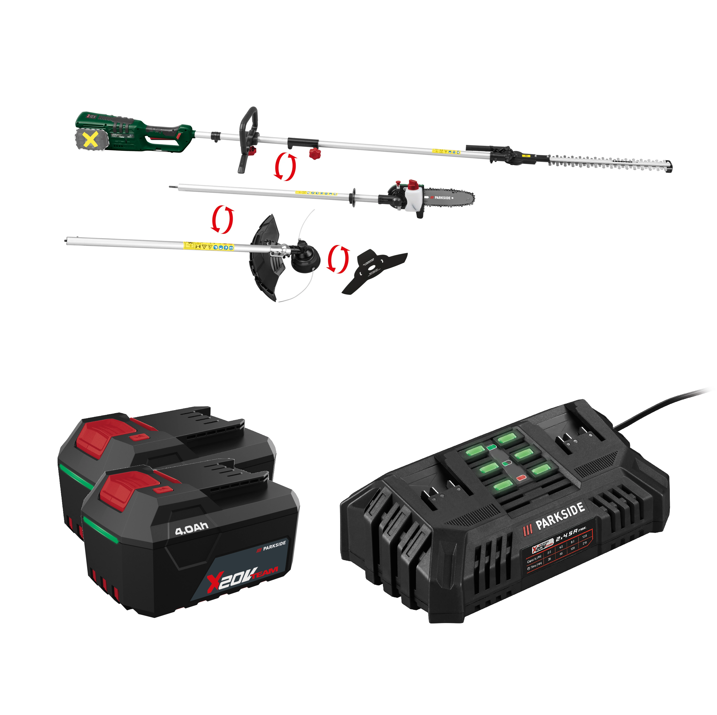 PARKSIDE® Aku záhradné kombinované náradie 40 V + Akumulátor 20 V/4 Ah, 2 kusy + Dvojitá nabíjačka na akumulátor 20 V/4,5 A