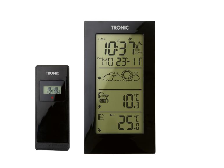 Digitálna meteostanica s externým senzorom zobrazujúca čas, dátum a vnútornú/vonkajšiu teplotu.