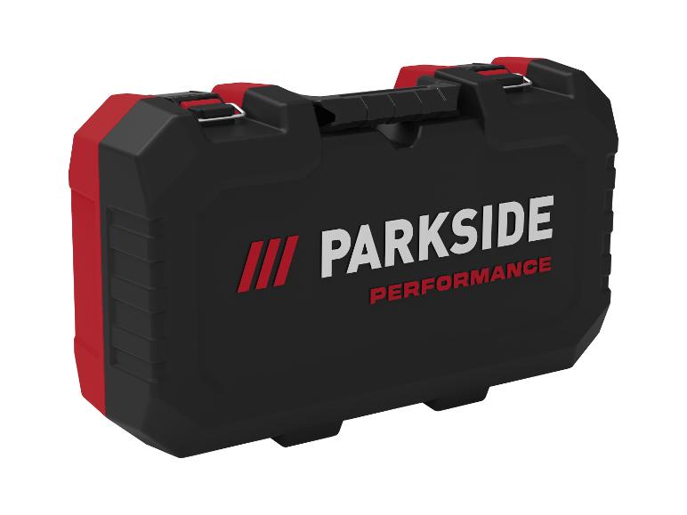 Čierno-červený kufor na náradie s textom „PARKSIDE PERFORMANCE“.