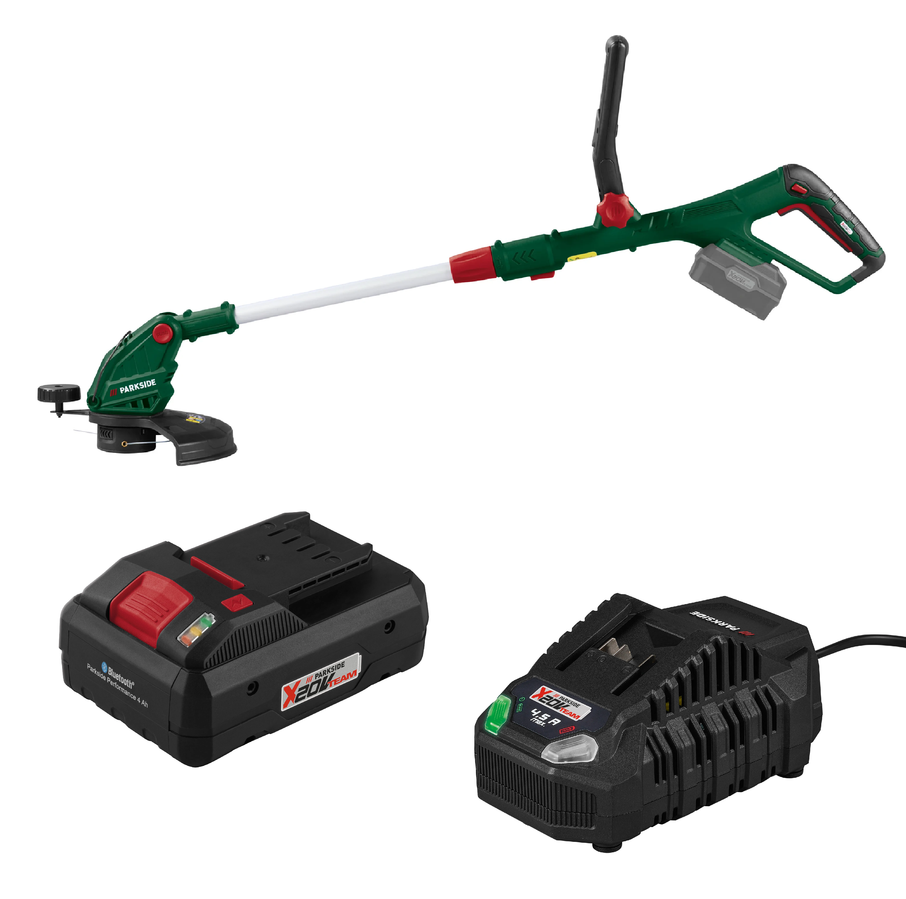 PARKSIDE® Aku strunová kosačka 20 V PRTA 20-Li D3 + Smart akumulátor 20 V/4 Ah + Rýchlonabíjačka akumulátora 20 V/4,5 A