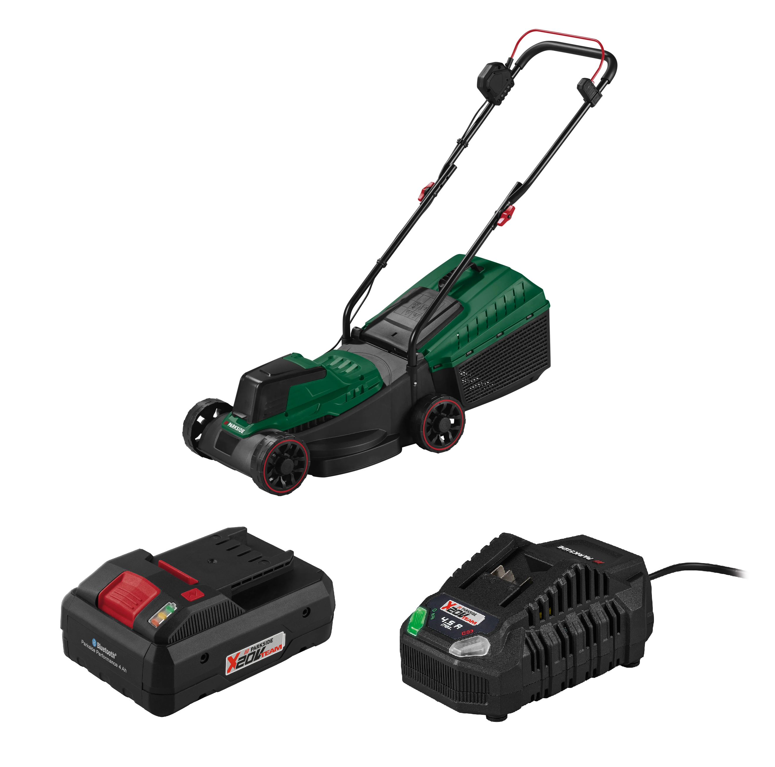 PARKSIDE® Aku kosačka na trávu 20 V PARM 20 A1 + Smart akumulátor 20 V/4 Ah + Rýchlonabíjačka akumulátora 20 V/4,5 A