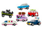 Zbierka LEGO vozidiel vrátane policajného auta, limuzíny a zmrzlinového voza.