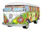 3D puzzle v tvare dodávky Volkswagen, zdobené farebnými hippie motívmi.