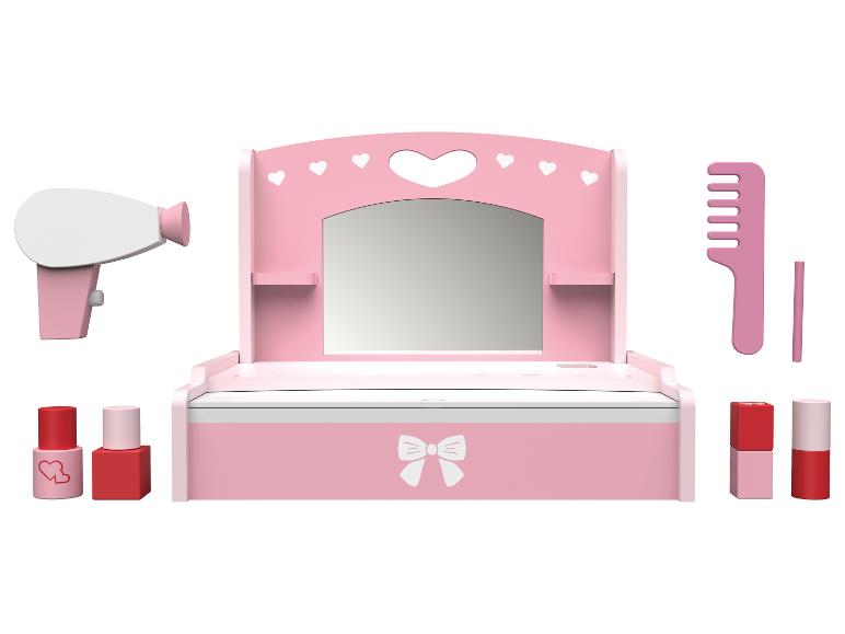 Ružový make-up hrací set so zrkadlom, sušičom vlasov a doplnkami.