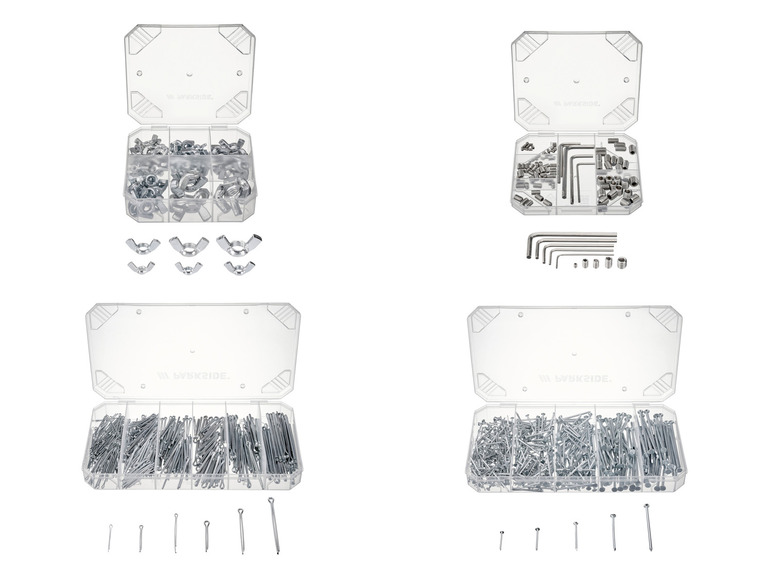 Sada skrutiek, matíc, klincov a kolíkov v priehľadných krabičkách.