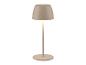 Prenosná stolná lampa s kónickým tienidlom a okrúhlou základňou, béžovej farby.