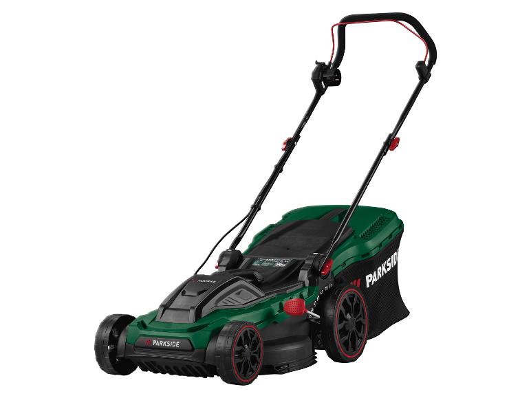 Zelená a čierna kosačka na trávu PARKSIDE s červenými detailmi.