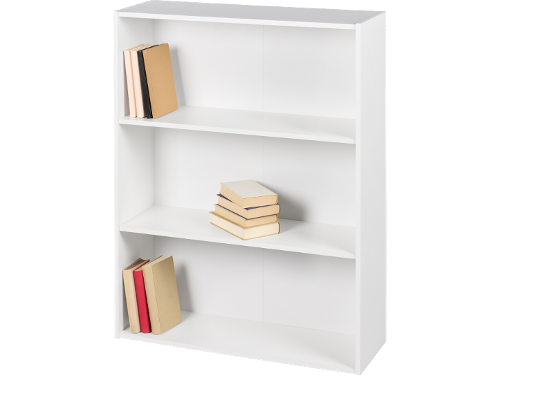 Biela trojpolicová knižnica s knihami na každej polici.