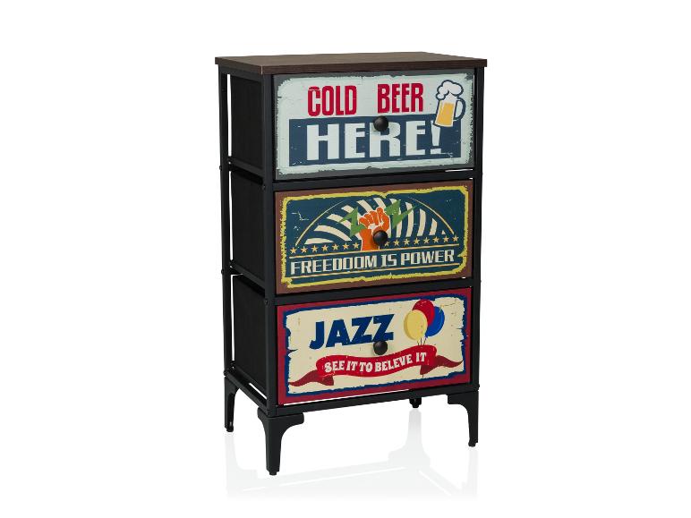 Komoda s 3 zásuvkami s retro nápismi: „COLD BEER HERE!“, „FREEDOM IS POWER“ a „JAZZ“.